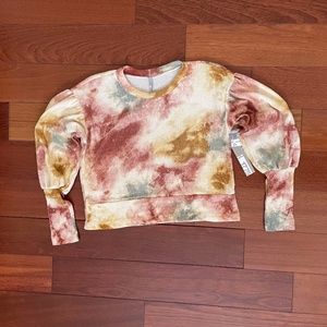 1775 Long Sleeve Crop Top in Gold, PInk, Cream Tie Dye Chenille Medium